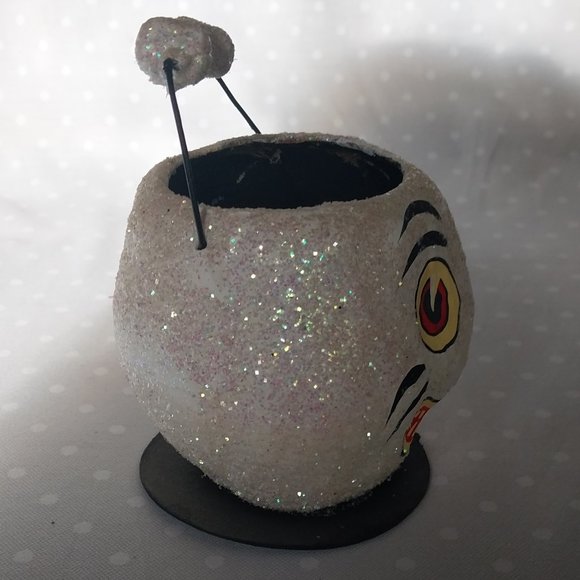 Department 56 Vintage Small Paper Mache Skull Skeleton Pumpkin Candy Pail Bucket - Picture 3 of 7